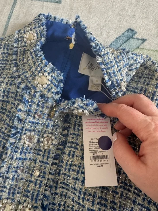 Lilly Pulitzer Teddy Boucle Blue & White Tweed Short Sleeve Shift Dress Sz8 NWT - Picture 5 of 7